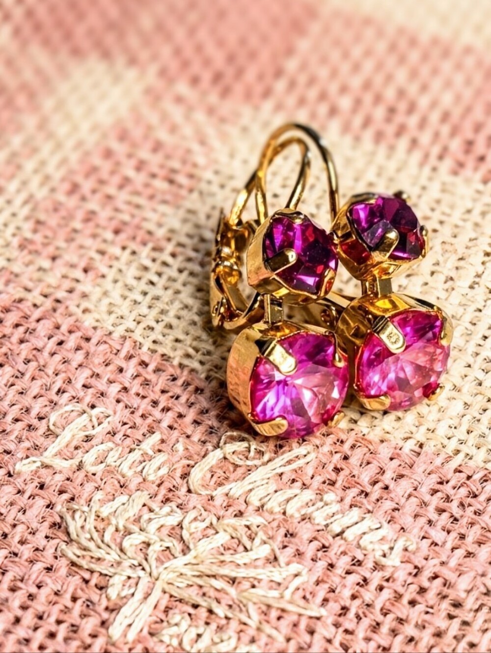 2.55 Carats  Pink Ruby Synthetic In Two Stone Drop Gold Plated Earrings